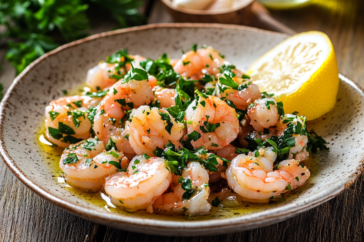 shrimp garlic recipe -butter, sautéed in olive oil, garnished with fresh parsley and lemon wedges